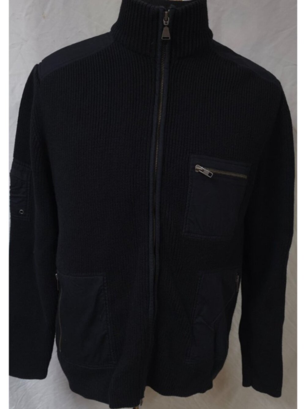 CALVIN KLEIN Mens Medium Black Full Zip Heavy Pockets Rib Knit Cardigan Jacket